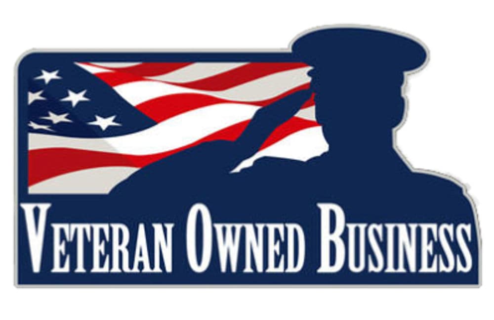 Veteran-owned business logo featuring a saluting soldier and American flag backdrop.